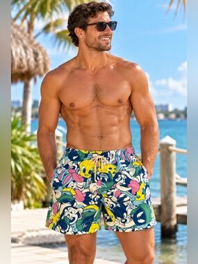 Vintage Looney Tunes Men’s Swim Trunks Cartoon Drawstring Size Small